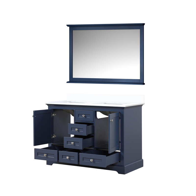 Meuble-lavabo double Rich avec comptoir en quartz et miroir, Marine