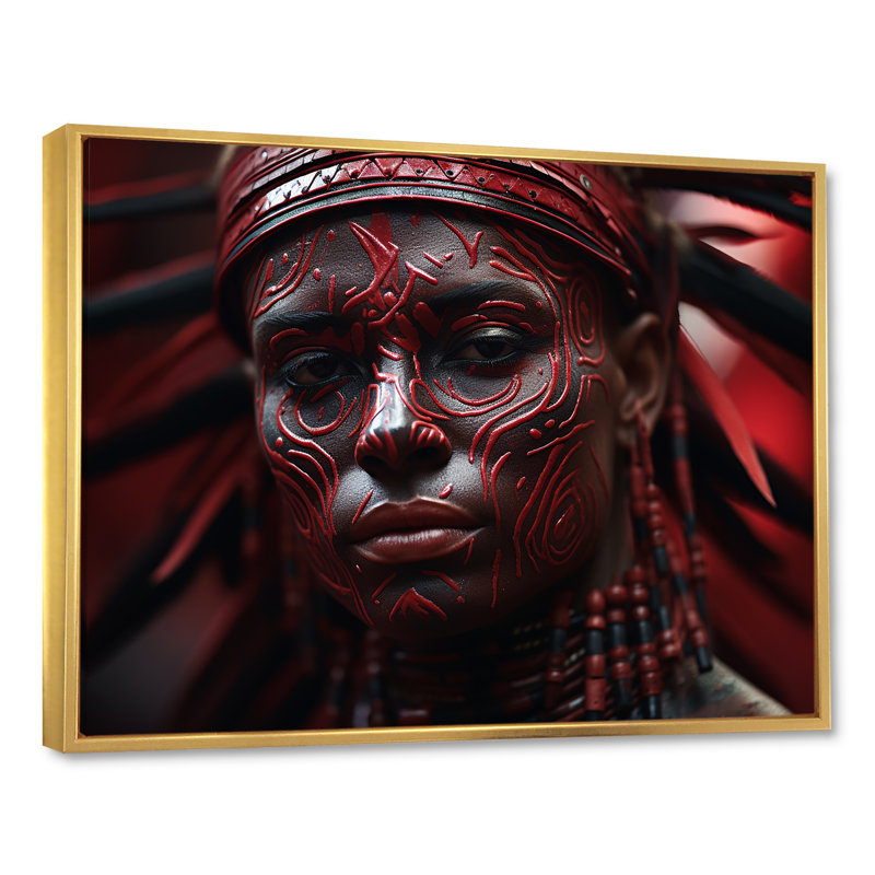 Guerrier aztèque rouge et noir - art mural africain, salon, H 30 po x l 40 po, Cadre flottant doré