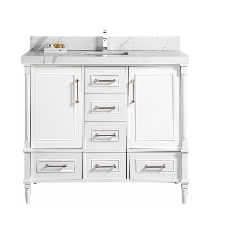 Ensemble de meuble-lavabo simple 42 po Flavell, Calacatta, bordure droite, Blanc