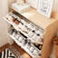 Rangement à chaussures pour hall d'entrée 31,5 pouces avec 2 tiroirs rabattables, esthétique nordique, pieds en bois massif, portes d'armoire autoportantes d'inspiration design, combinaison blanche et naturelle