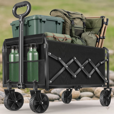 Chariot utilitaire pliable avec roulettes, chariot pliable portable léger en noir, équipé de 2 porte-gobelets, pouvant supporter jusqu'à 280 lb, idéal pour la plage, le camping, les sports et le jardinage