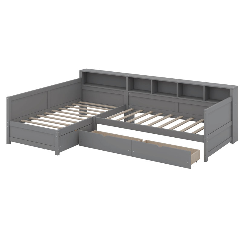 Lit de jour simple avec 3 tiroirs de rangement, structure de lit d'angle en bois en forme de L avec bibliothèque, Gris