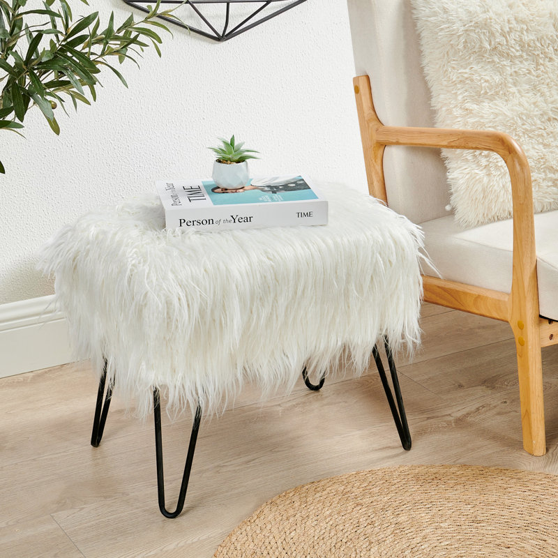 Keilia Upholstered Ottoman, Antique White Faux Fur