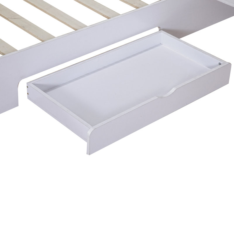 Grand lit plateforme avec tête de lit, tiroirs, tablettes, ports et prises USB, blanc