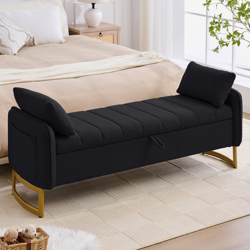 66"W Upholstered Flip Top Teddy Storage Bench with Gold Legs and 2 Pillows, Black Teddy, 23.25'' H X 66'' W X 22.5'' D