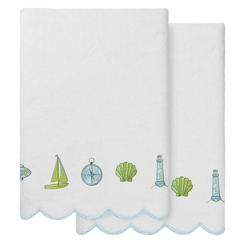  100% Turkish Cotton SEA JOY Scallop 2PC Embellished Bath Towel Set, Bath Towels - 2 Pack, White/Blue