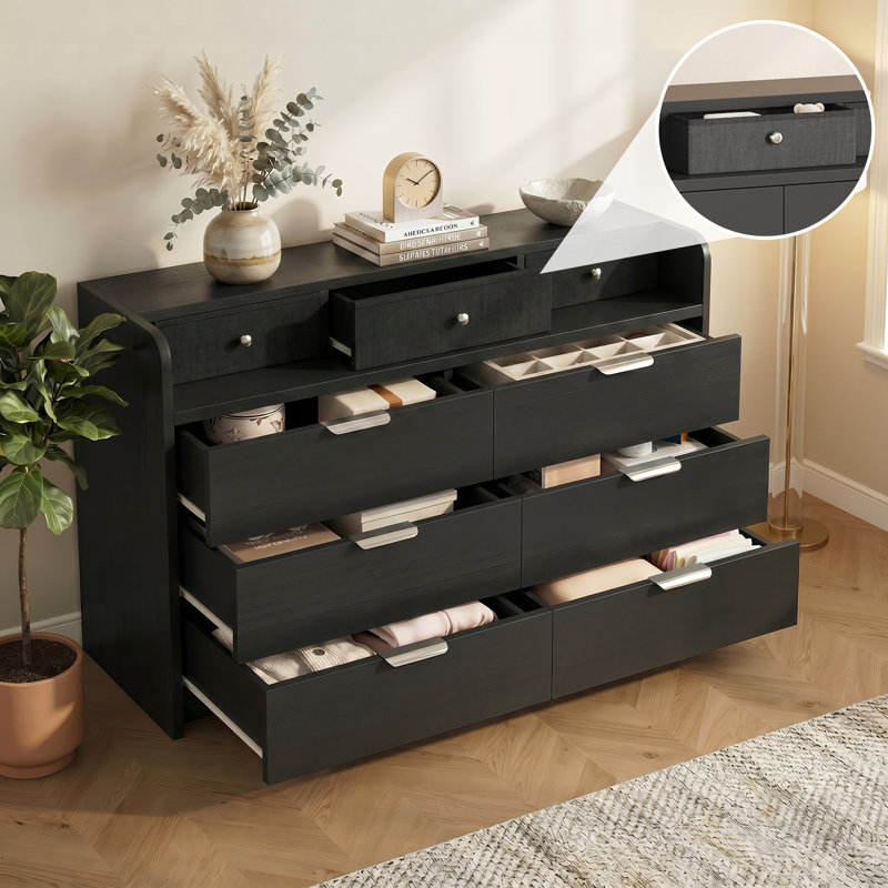 6-Drawer Dresser with RGB LED Lights & Charging Station, White Linen Texture Chest of Drawers, Black