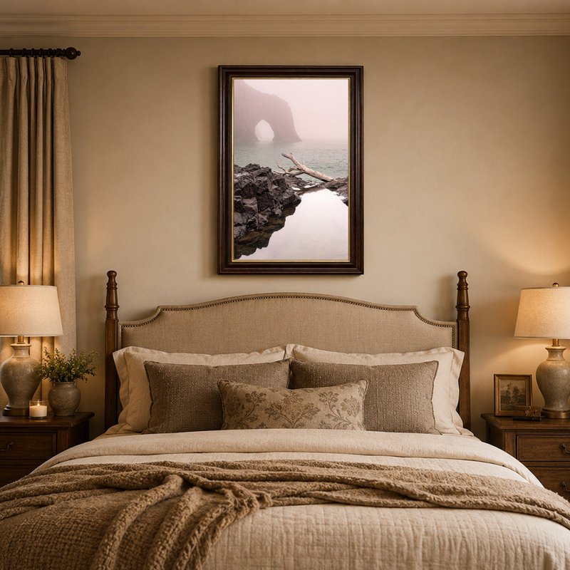 Art mural sur toile Misty Coastal Arch and Driftwood on Rocks, 18"H x 12"W