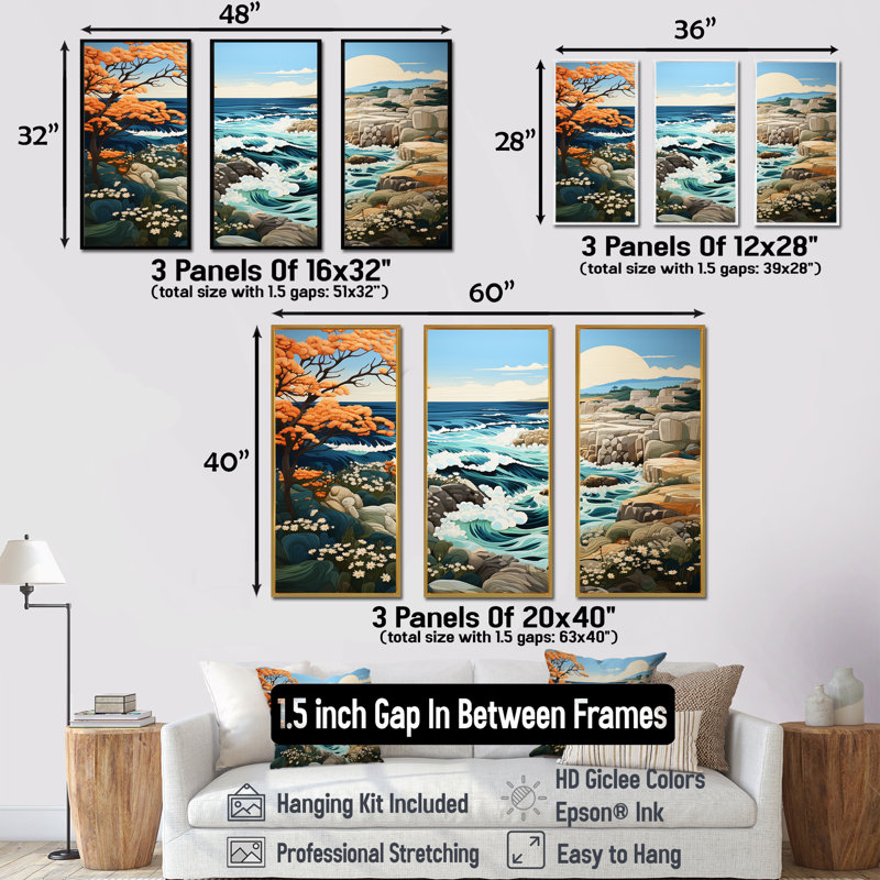 «Wild Beachscape Landscape III - Coastal Coral Under Water», ensemble de reproduction d'art mural, Cadre flottant doré