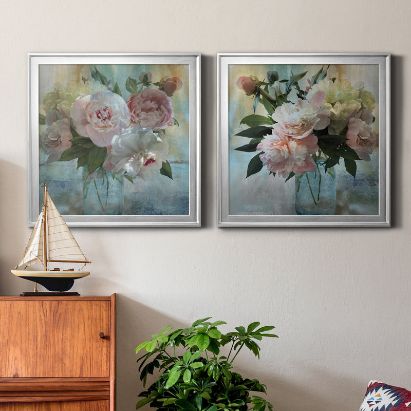 «Peony Bouquet I», reproduction de cadre photo sur toile 2 pièces, Argent, H 26,5 po x l 53 po x P 1,5 po