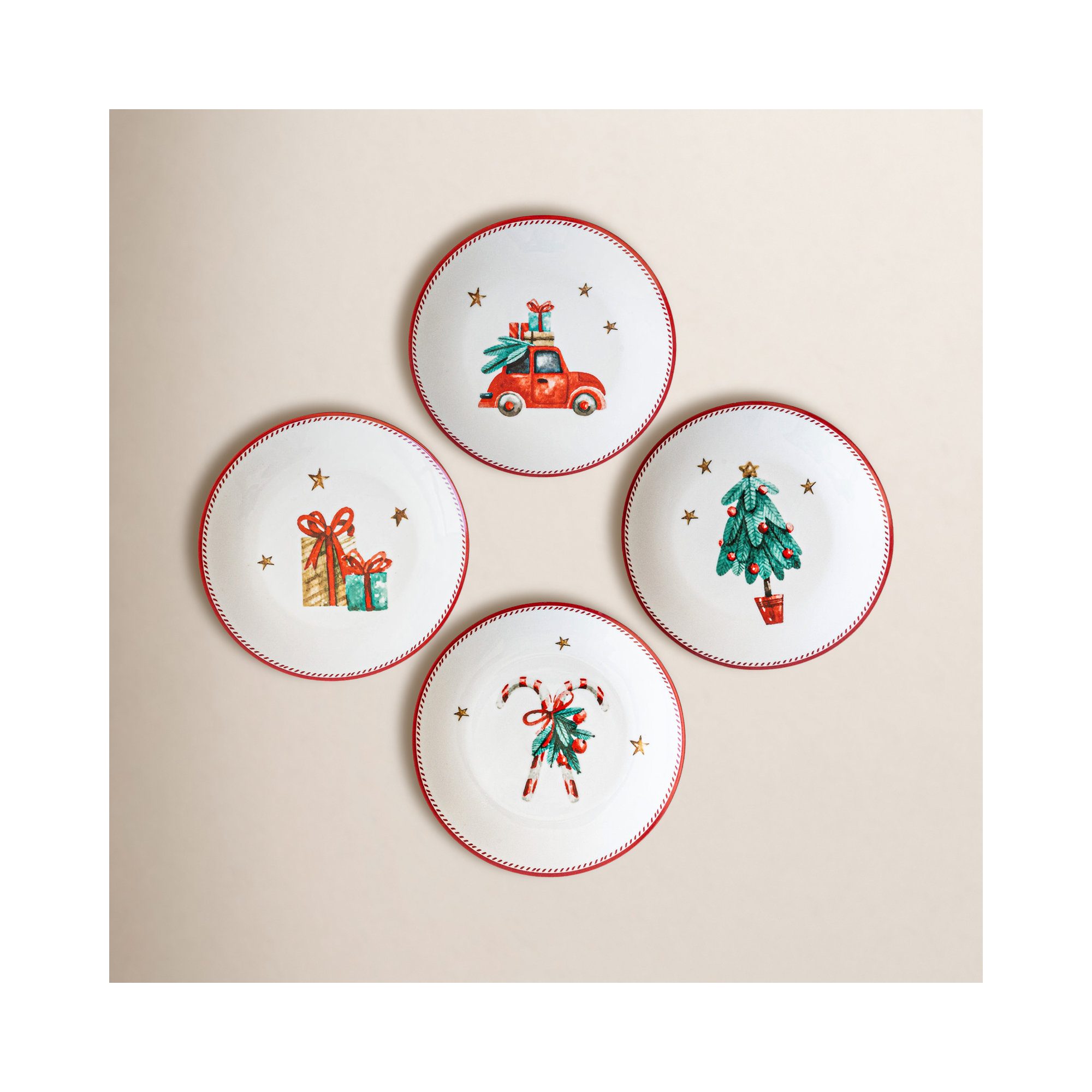 Assorted Holiday Plates - Tree, Car, Candy Cane, Presents (Set of 4)