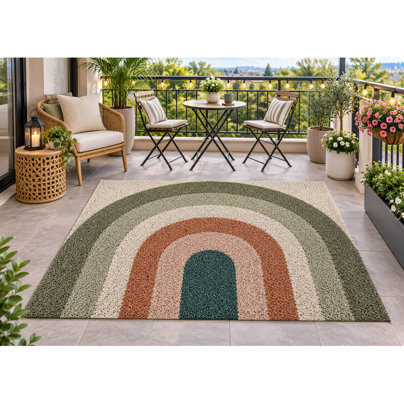 Tapis d'extérieur 152 x 213 cm, motif arc-en-ciel bohème, épais, imperméable, en PVC bouclé, résistant et à séchage rapide, idéal pour terrasse, balcon, entrée, VR ou autre espace extérieur.