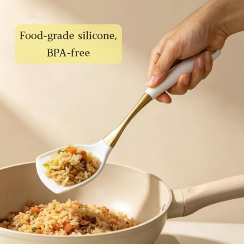 Ensemble de spatules de cuisine résistantes à la chaleur – Ustensiles de cuisine non toxiques avec modèles pleins et ajourés – Silicone de qualité alimentaire et manches en acier inoxydable plaqué or – Idéal pour les ustensiles de cuisine antiadhésifs, couleur or