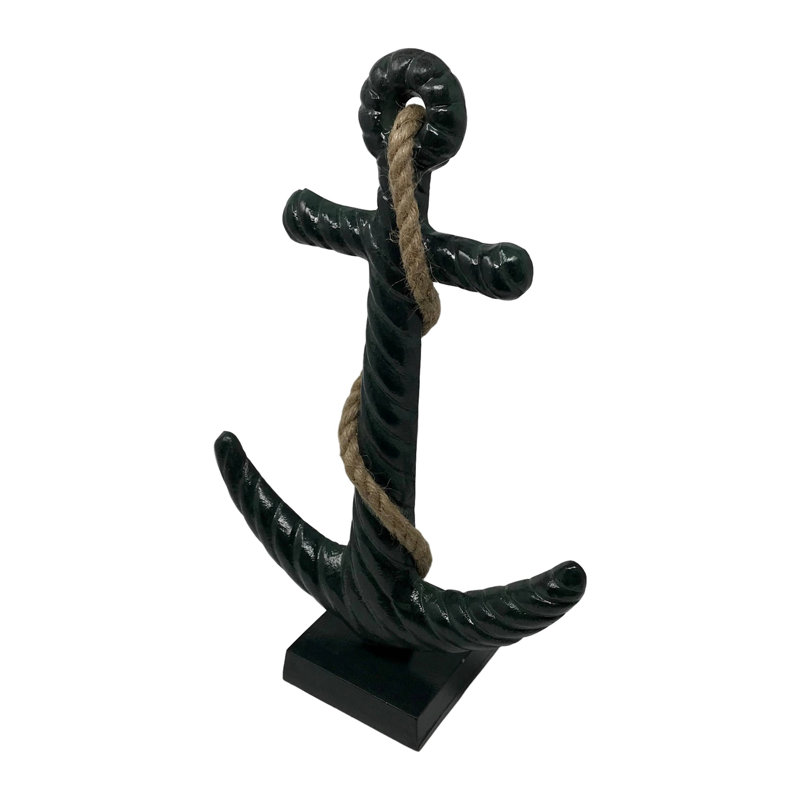 Burgoyne Cast Aluminum Anchor Figure on Base with Rope Accent, Patina and Polished Finishes, Verdis Patina/Black