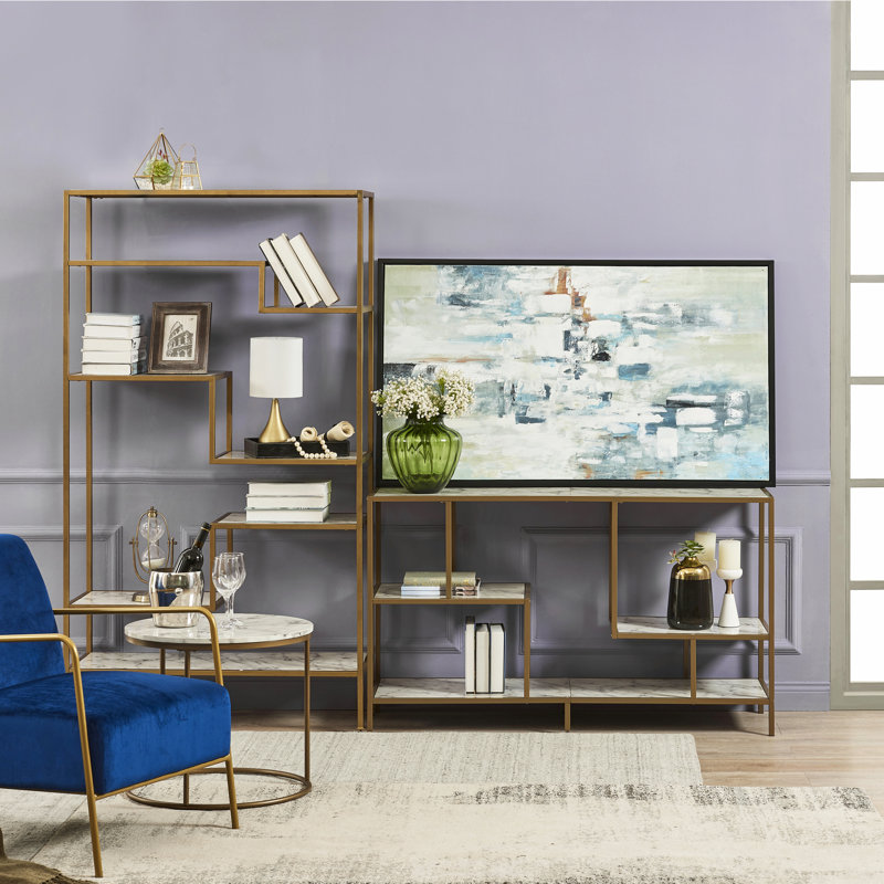 Carbone Modern Media Console Table with Open Geometric Shelves and Faux Marble Top