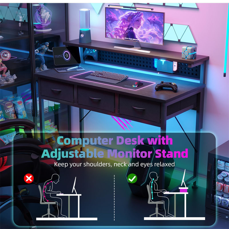 Metal Base Computer Desk with Power Outlet, Black