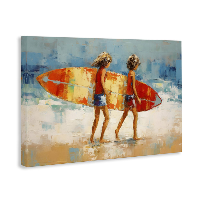 Art mural, "Kids tenant la planche de surf" par Petal Prints Design, H 30 po x l 45 po