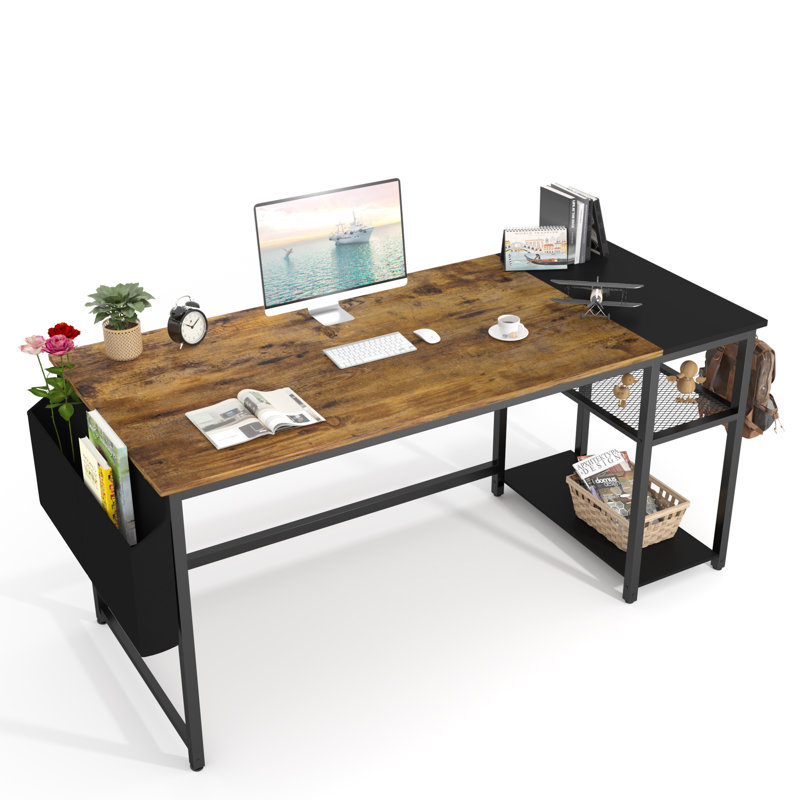 Bureau d'écriture d'ordinateur avec tablettes de rangement Myra, Brun / noir