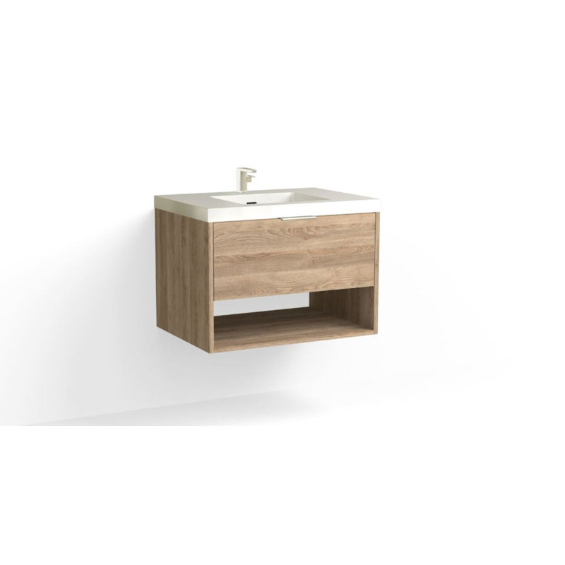Modo 30" W Wall Mounted Single Bathroom Vanity, Glossy White/Single, White Acrylic, Matte Black