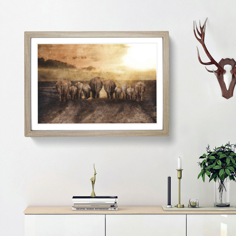 Herd of Elephants on a Dusty Road - Picture Frame Painting Print, 62cm H x 87cm W x 2cm D, Oak Framed