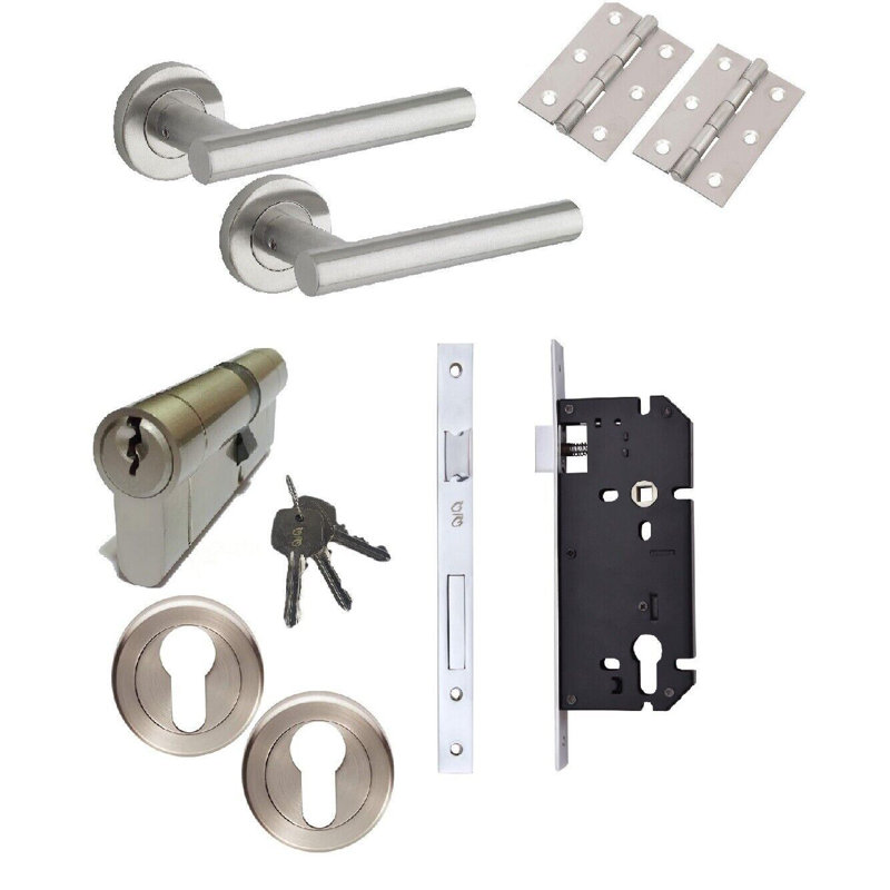 T-Bar Door Handle Pack in Satin Nickel with Euro Profile Lock, 3 Keys and 70mm Barrel