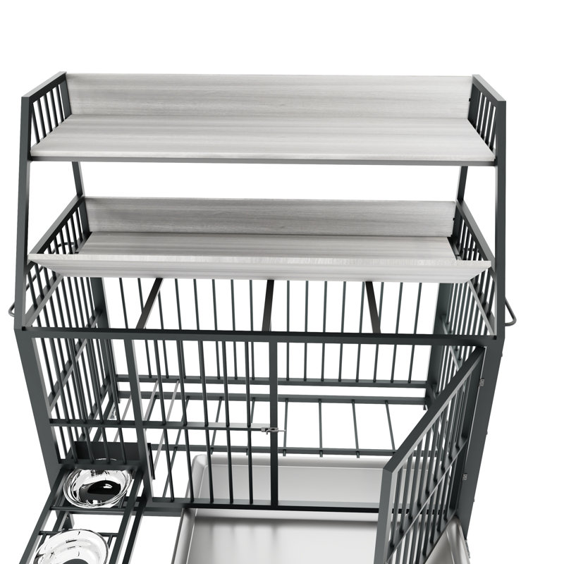 Grande cage pour animal de compagnie en fer avec support de rangement, 47,81 po Hauteur, profondeur de 34,72 po, fabrication de la planche noire et grise, roues, profonde, haute, fumée
