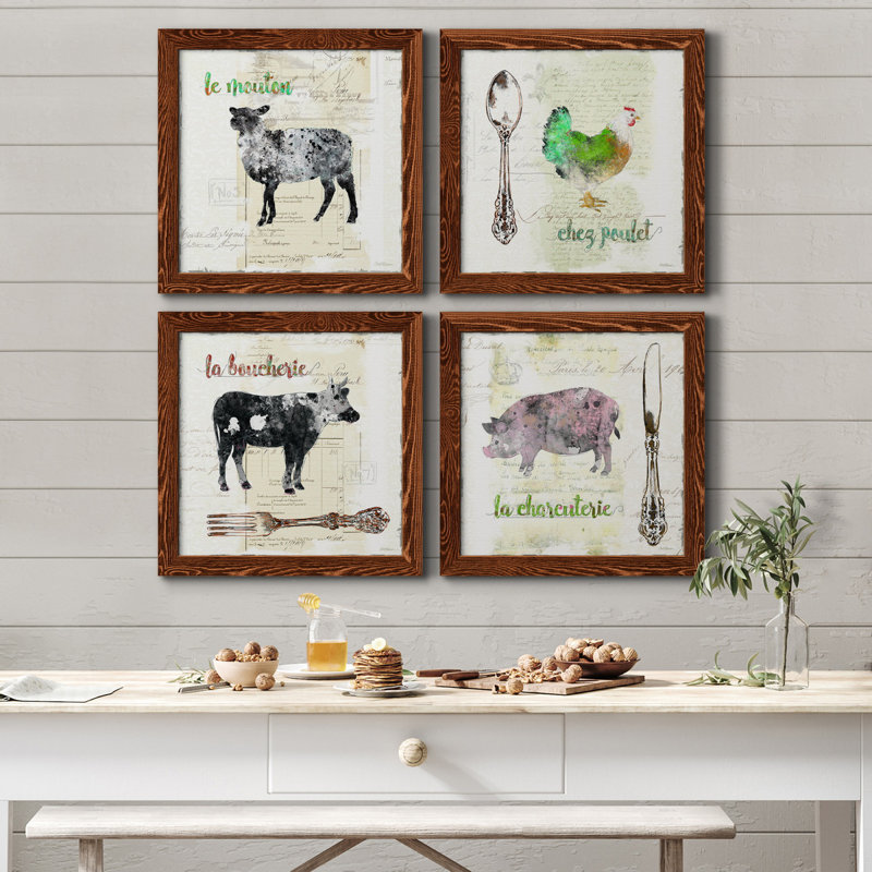Golden Cuisine Sheep - Ensemble de 4 peintures sur toile encadrées, H 17 po x l 34 po x P 1,5 po