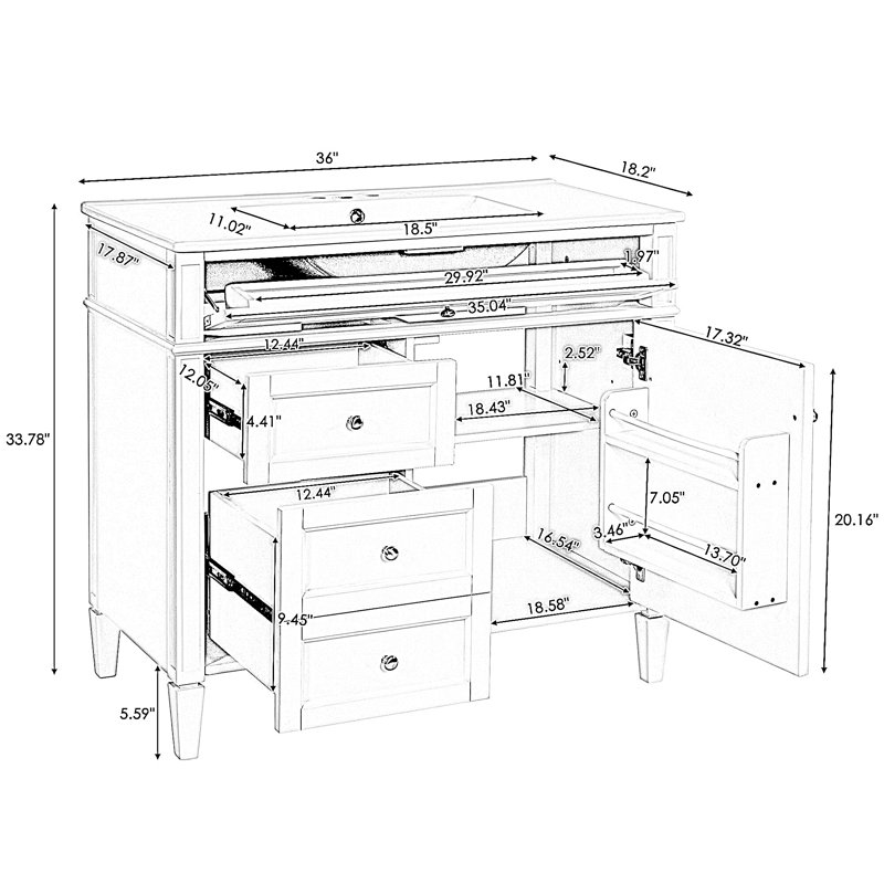 Meuble-lavabo simple 36 po avec comptoir en céramique, assemblage requis, Blanc