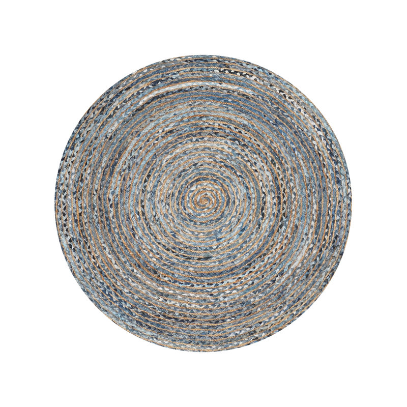 Hand Braided Cotton & Jute Contemporary Blue Round Indoor Area Rugs, Round 5'