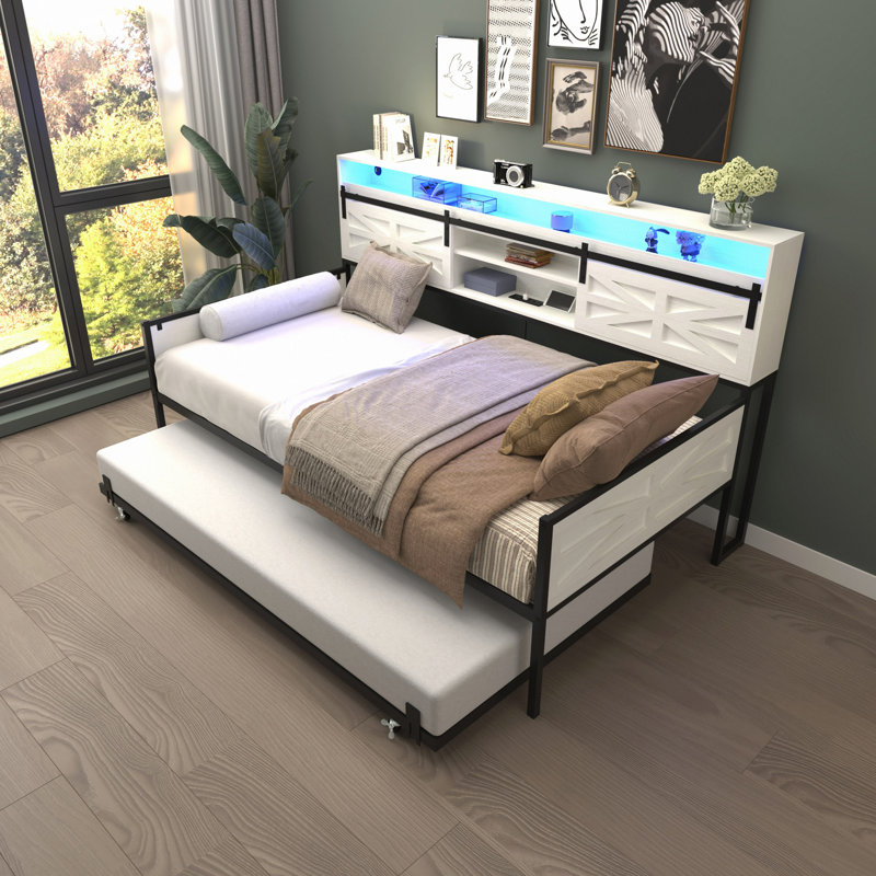 Daybed With Trundle, Farmhouse Daybed Frame With Sliding Barn Door Headboard And Charging Station & LED Light For Bedroom And Guest Room