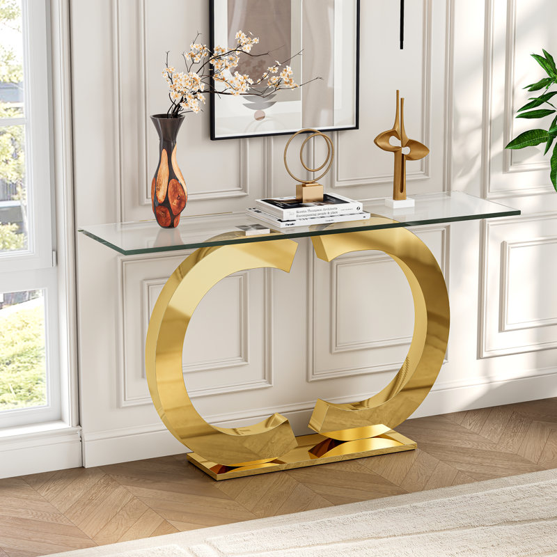 Console moderne, plateau en verre trempé de 55,1 po et base double pivotante en C en acier inoxydable à 360 °, Doré