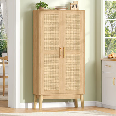 Armoire de rangement haute en rotin de 140 cm (55 po), meuble bas de salle de bain avec 2 portes, petit garde-manger, étagère réglable et pieds en bois massif, pour salon, salle à manger, entrée, chêne naturel
