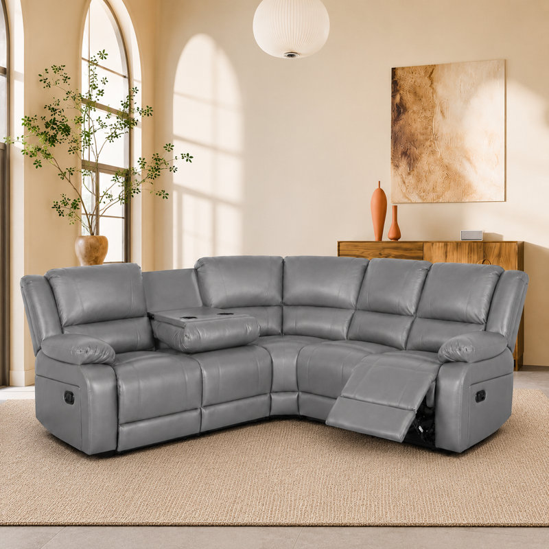 Talley 5 Piece Faux Leather Reclining Sectional with a Drop Down Table Seat, Gray