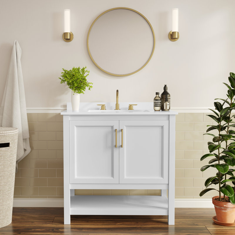 Castielle 36'' Bathroom Vanity with Undermount Sink and Open Storage Shelf, White, Gold