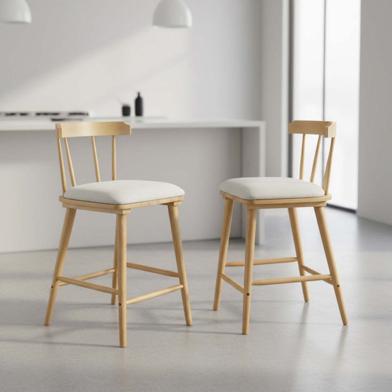 Tabouret de comptoir rembourré beige en bois de style Windsor, Naturel, 2