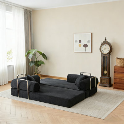 Black 78.8" Compression Convertible Floor Sofa Bed - Corduroy Loveseat With Pillow, Back Support & Armrests For Living Room & Bedroom