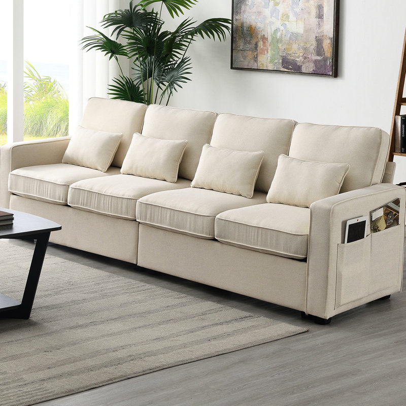 4 avec accoudoirs et 4 coussins - Tissu en lin de 104 po, base en bois massif, siège pour salon, appartement, cadre de rangement moderne à usage de bureau, élégant