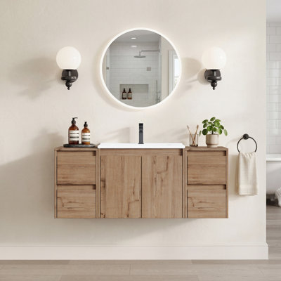 48" Floating Single Bathroom Vanity with Ceramic Sink and Handle-Free Design