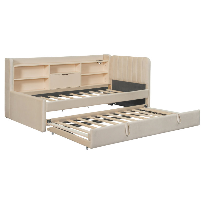Lit de jour simple chic avec couchette, stations de rangement et de recharge Beige Chic, Beige