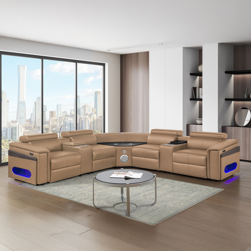 Smart Lounge Luxury Power Reclining Sectional Sofa with LED Reading Light Console and Built-In Fridge Console, USB & Wireless Charging