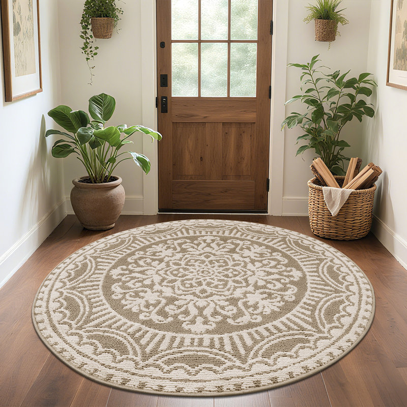 Round Medallion Stain-Resistant Beige Area Rug, Round 4'