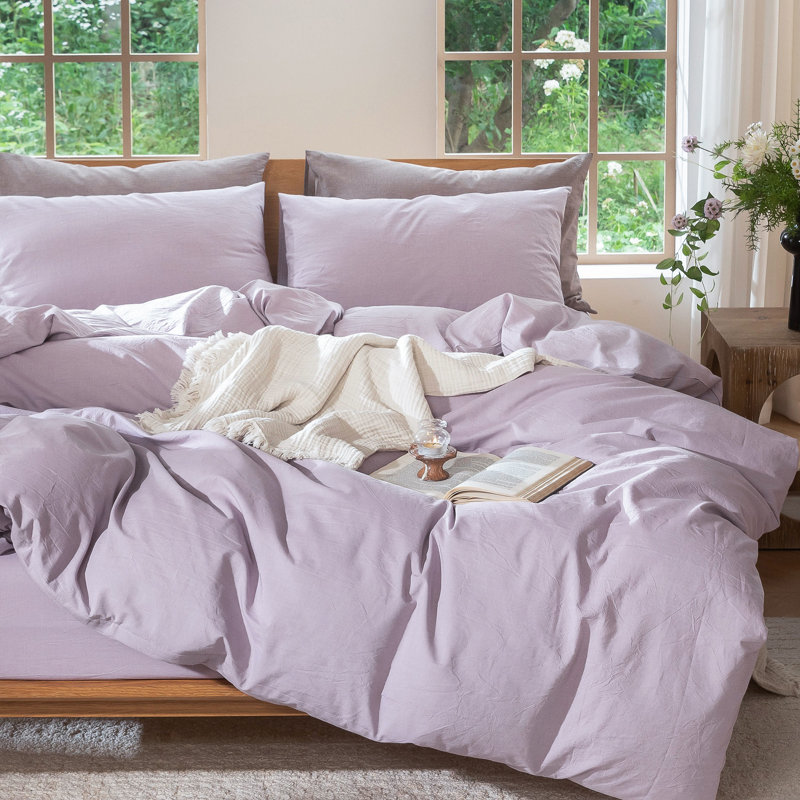 Ensemble de housse de couette légère avec fermeture à glissière 8 attaches 100% coton lavé MooMee, Mauve clair