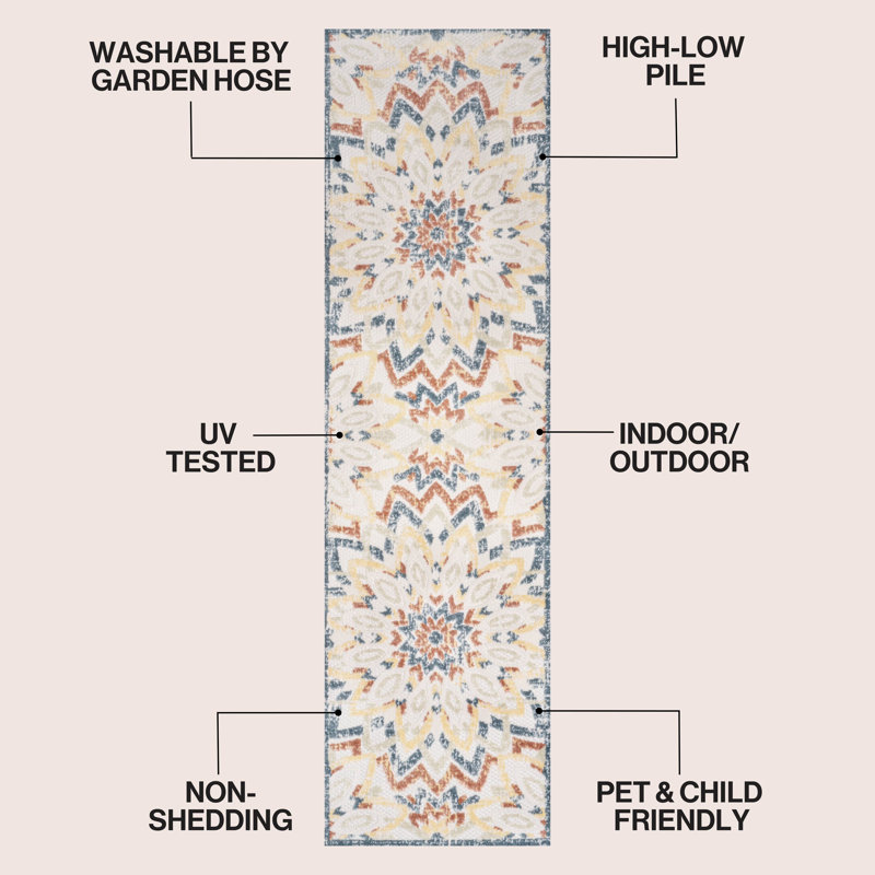 Tapis d'intérieur / extérieur Flora, Crème / Multicolore, Tapis de couloir 2 pi 3 po x 8 pi