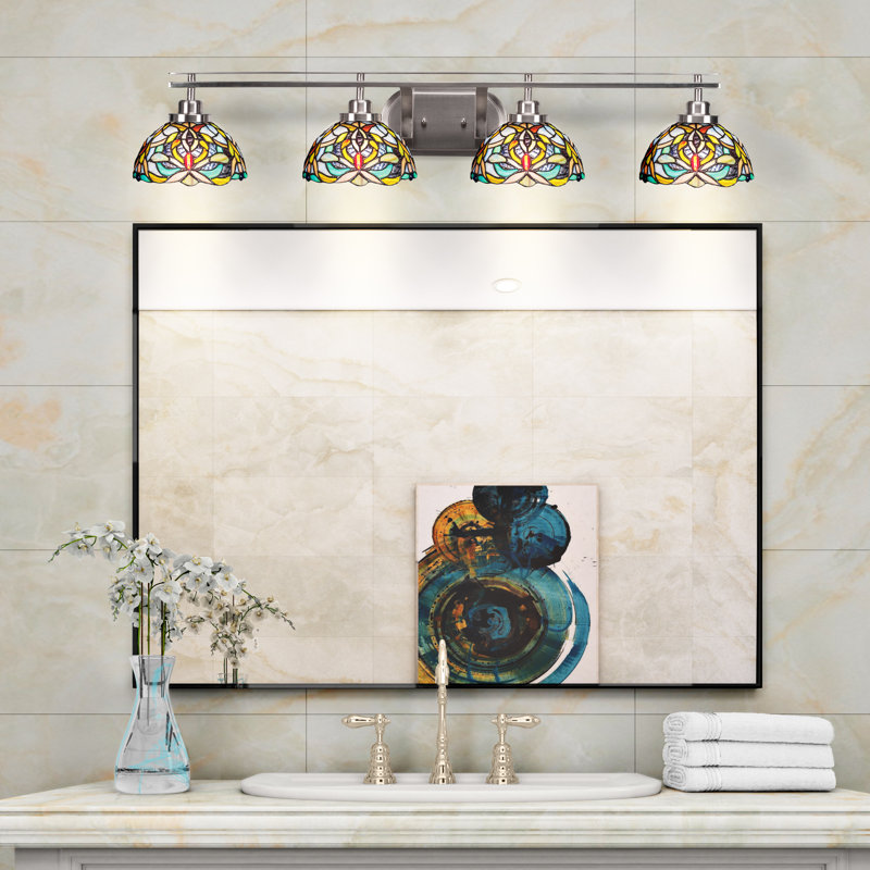 Lundeen 4 Light Bath Bar Shown With 7" Kaleidoscope Art Glass, Brushed Nickel