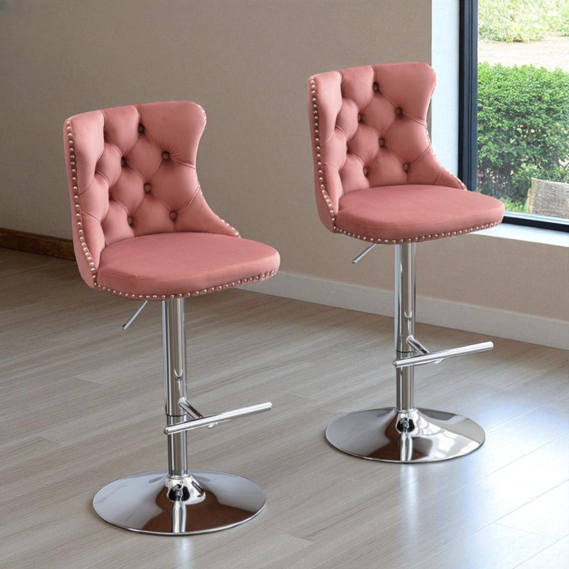 Tabouret de bar pivotant à hauteur réglable Zager, Argent, Rose, 2