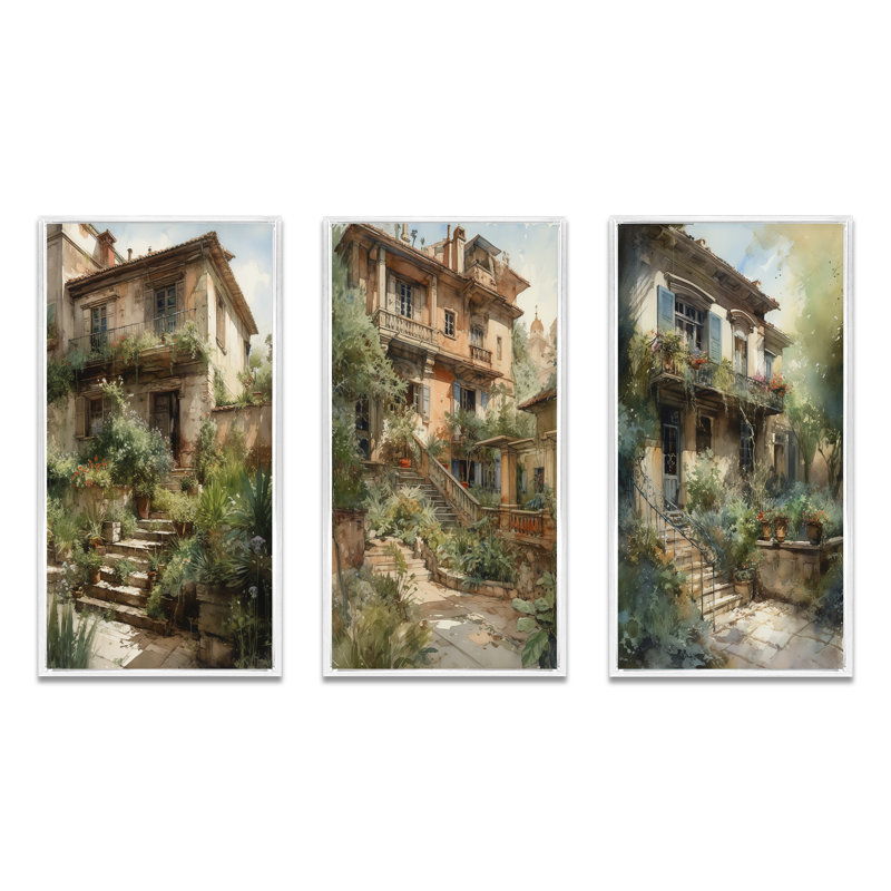 «Rustic Stairway Entrance To Country Cottage», 3 pièces, Cadre flottant blanc, H 28 po x l 36 po