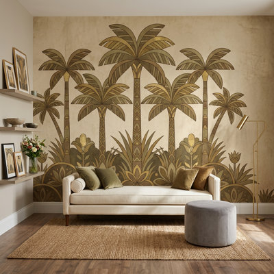 Papier peint palmiers tropicaux art déco botanique rétro parchemin amovible