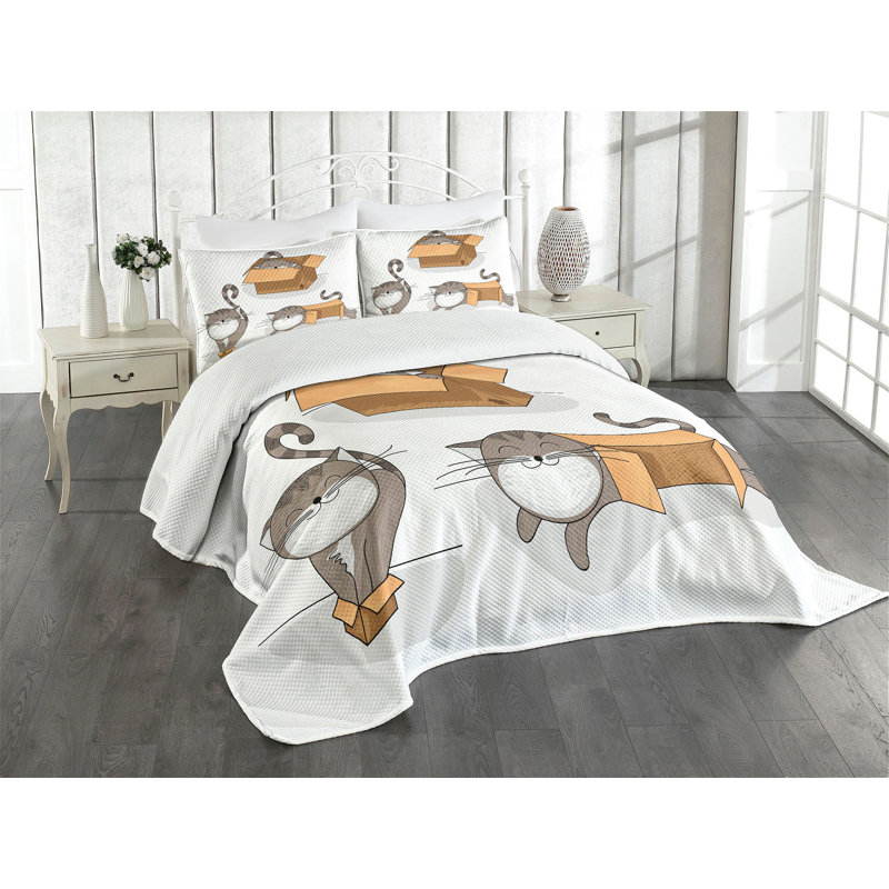 King Size Brown Cartoon Cat Bedspread Set
