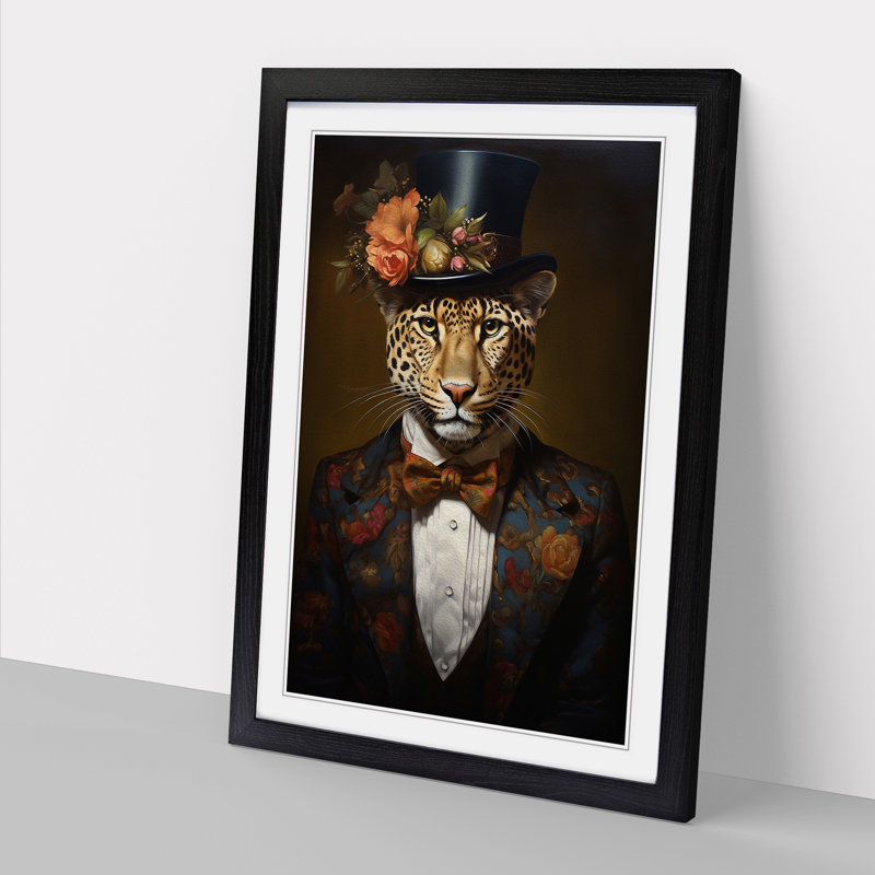 Leopard Victorian - Single Picture Frame Print on Wood, 46cm H x 34cm W x 2cm D, Black