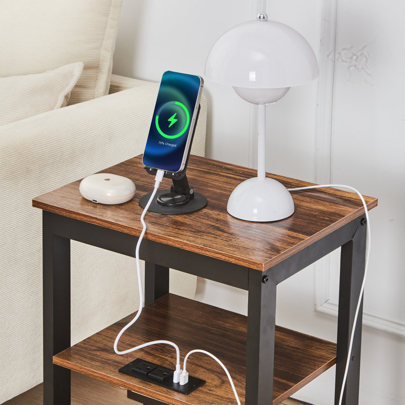 End Table Set With Charging Station 2 Pack End Table Built-In Outlets For Home Living Room Bedroom Entryway, Brown/Black